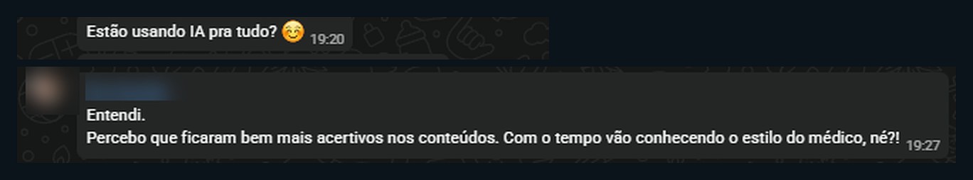 Print de WhatsApp: a cliente pergunta se a equipe usa IA para tudo e, às 19h27, conclui que a equipe vai conhecendo o estilo do médico.