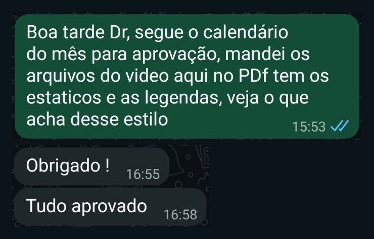Print de WhatsApp: calendário do mês enviado às 15h53; resposta do médico às 16h58: Tudo aprovado.